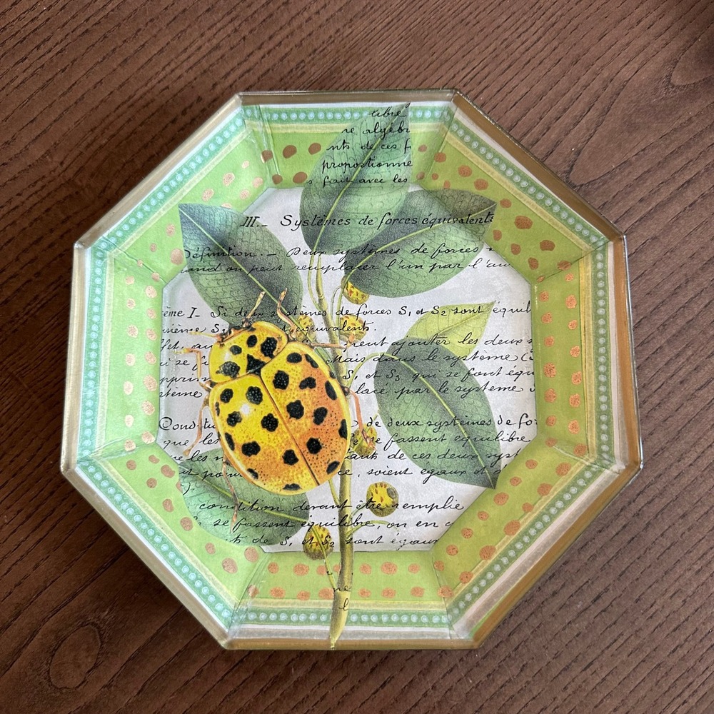 1992 John Derian Signed Octagon Beetle Decoupage Glass Tray 7 Inch Nantucket